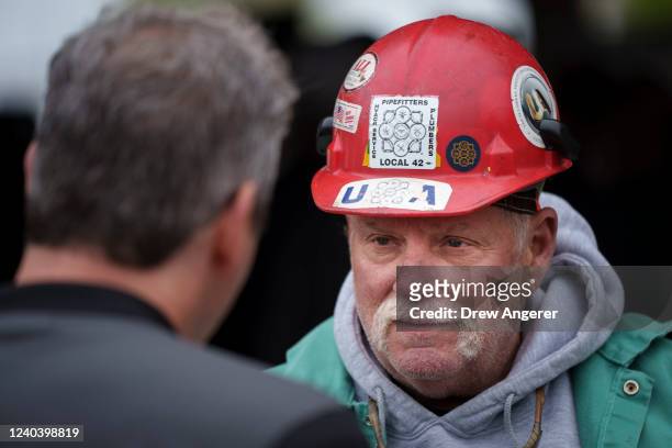 Rep. Tim Ryan , Democratic candidate for U.S. Senate in Ohio, talks with union members during a rally in support of the Bartlett Maritime project, a...