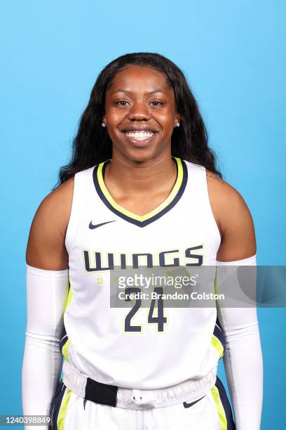 Arike Ogunbowale of the Dallas Wings poses for a head shot during Media Day at Mavericks Activities Center on April 28, 2022 in Arlington, Texas....