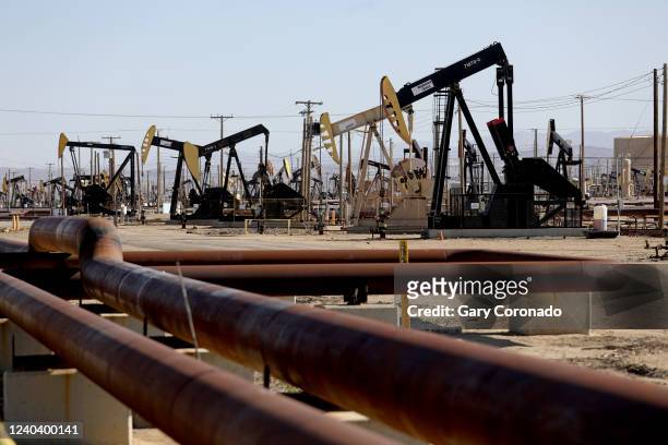 Oil pumpjacks along State Route 33 near Lokern Road on Thursday, March 10, 2022 in Lost Hills, CA. The Biden Administrations to stop importing...