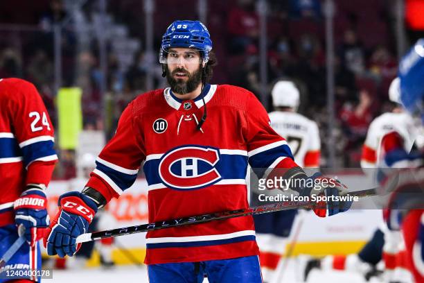 Look on Montreal Canadiens center Mathieu Perreault at warm-up before the Florida Panthers versus the Montreal Canadiens game on April 29, 2022 at...