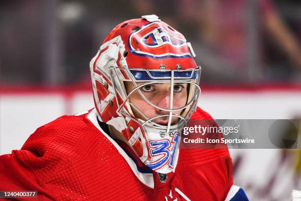 Look on Montreal Canadiens goalie Carey Price during the Florida Panthers versus the Montreal Canadiens game on April 29, 2022 at Bell Centre in...