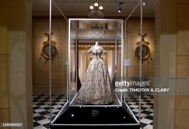 Dress worn by Mary Todd Lincoln is displayed during the press launch for the Spring Costume Institute exhibition "In America: An Anthology of...