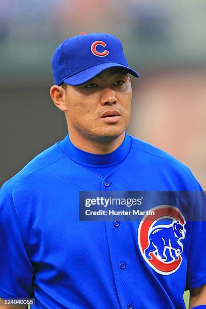 Right fielder Kosuke Fukudome of the Chicago Cubs during a game against the Philadelphia Phillies at Citizens Bank Park on June 10, 2011 in...