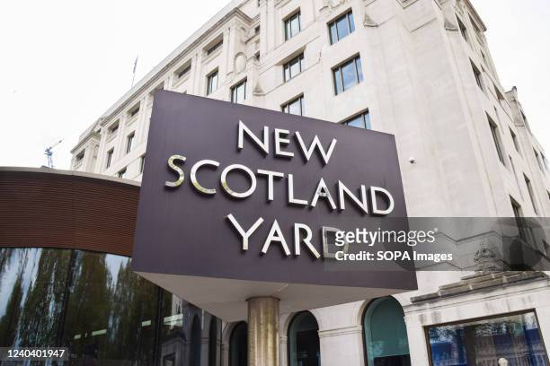 General view of the New Scotland Yard sign at the headquarters of the Metropolitan Police in Westminster.