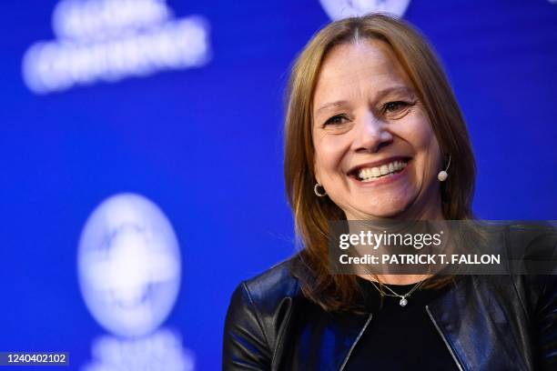 Mary Barra, Chair and CEO of the General Motors Company , speaks during the Milken Institute Global Conference in Beverly Hills, California, on May...