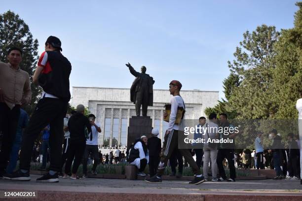 Muslims gather to perform the Eid al-Fitr prayer in Bishkek, Kyrgyzstan on May 02, 2022. Eid al-Fitr is a religious holiday celebrated by Muslims...