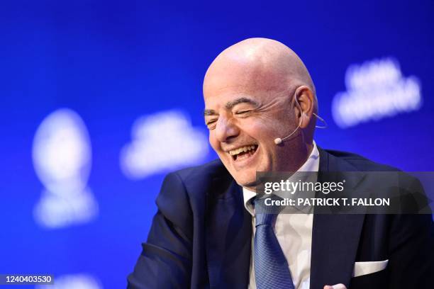 President Gianni Infantino speaks during the Milken Institute Global Conference in Beverly Hills, California, on May 2, 2022.