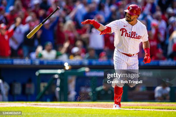 Kyle Schwarber of the Philadelphia Phillies reacts after hitting a home run during the game between the Oakland Athletics and the Philadelphia...