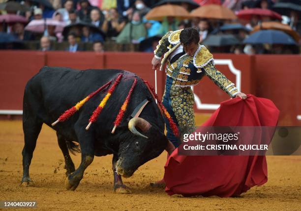 Spanish bullfighter Julian Lopez 'El Juli' performs a pass with muleta during the Feria de Abril bullfighting festival at La Maestranza bullring in...
