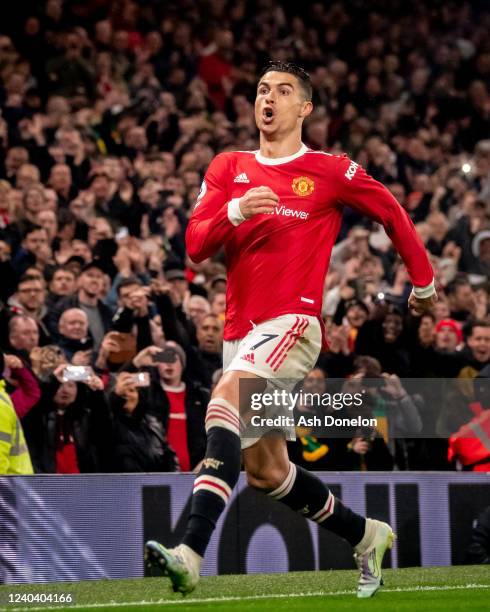 Cristiano Ronaldo of Manchester United celebrates scoring a goal to make the score 2-0 during the Premier League match between Manchester United and...