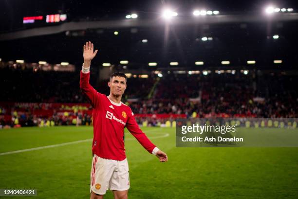 Cristiano Ronaldo of Manchester United salutes the fans at the end of the Premier League match between Manchester United and Brentford at Old...