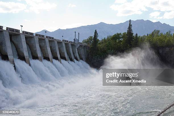 torrent of water pours beneath hydroelectric dam - barrage photos et images de collection