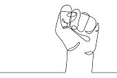 Continuous line drawing of strong fist raised up. Human arm with clenched fingers, one line drawing vector illustration. Concept of protest, revolution, freedom, equality, fight for human rights