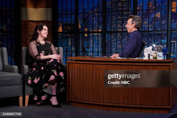 Episode 1285 -- Pictured: Actress Melanie Lynskey during an interview with host Seth Meyers on May 2, 2022 --
