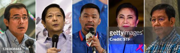 This combination of file photos created on May 2, 2022 shows the top five of 10 candidates in total running for president in the Philippine election...