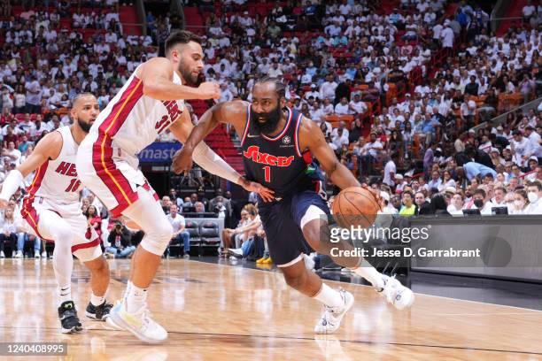 James Harden of the Philadelphia 76ers handles the ball against the Miami Heat during Game 1 of the 2022 NBA Playoffs Eastern Conference Semifinals...