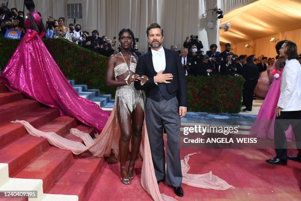 Canadian actor Joshua Jackson and his wife British actress Jodie Turner-Smith arrive for the 2022 Met Gala at the Metropolitan Museum of Art on May 2...