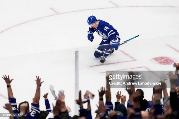 Mitch Marner of the Toronto Maple Leafs celebrates his goal against the Tampa Bay Lightning during the second period in Game One of the First Round...