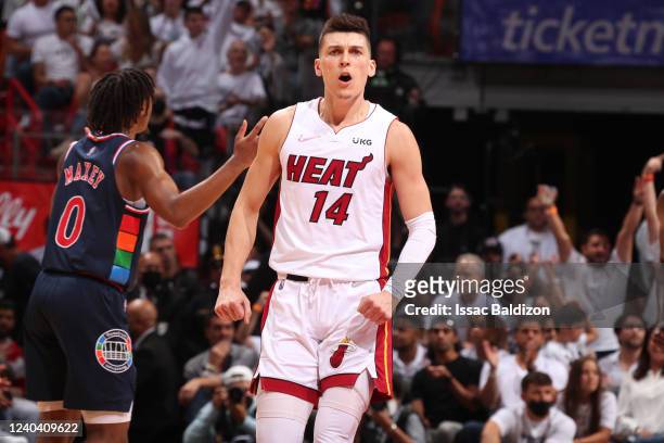 Tyler Herro of the Miami Heat celebrates during Game 1 of the 2022 NBA Playoffs Eastern Conference Semifinals on May 2, 2022 at FTX Arena in Miami,...