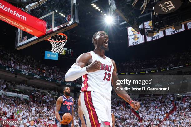 Bam Adebayo of the Miami Heat reacts during a game against the Philadelphia 76ers during Game 1 of the 2022 NBA Playoffs Eastern Conference...