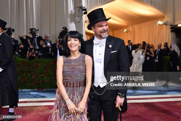 English singer-somgwriter Lily Allen and US actor David Harbour arrive for the 2022 Met Gala at the Metropolitan Museum of Art on May 2 in New York....