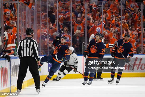 Connor McDavid of the Edmonton Oilers celebrates a goal against the Los Angeles Kings during the first period in Game One of the First Round of the...