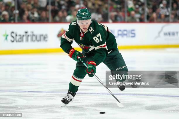 Kirill Kaprizov of the Minnesota Wild skates with the puck against the St. Louis Blues in the second period in Game One of the First Round of the...