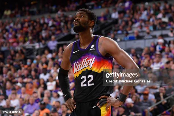 Deandre Ayton of the Phoenix Suns looks on during Game 1 of the 2022 NBA Playoffs Western Conference Semifinals on May 2, 2022 at Footprint Center in...