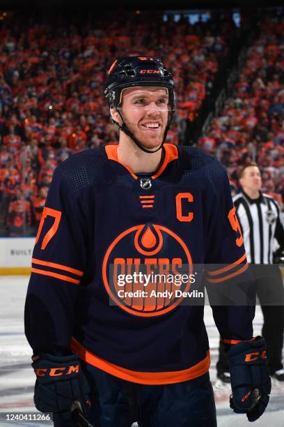 Connor McDavid of the Edmonton Oilers stands for the singing of the national anthem prior to Game One of the First Round of the 2022 Stanley Cup...