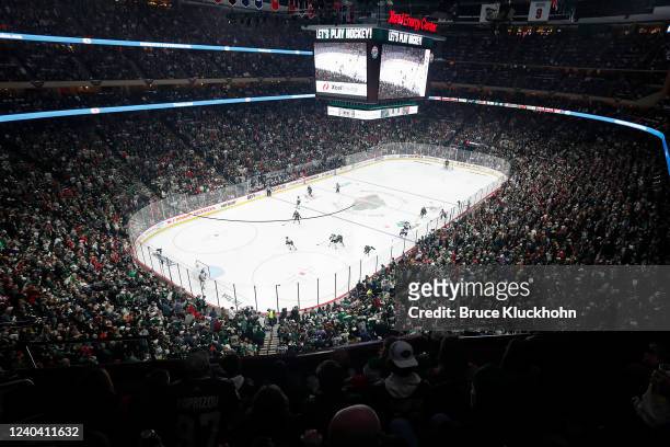 Fans watch Game One of the First Round of the 2022 Stanley Cup Playoffs between the Minnesota Wild and the St. Louis Blues at the Xcel Energy Center...