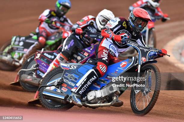 Matej Zagar of Belle Vue ATPI Aces leads Ulrich Ostergaard of Peterborough Crendon Panthers during the SGB Premiership match between Belle Vue Aces...