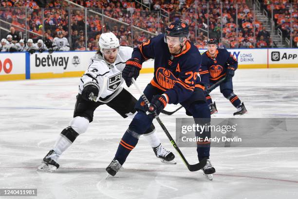 Leon Draisaitl of the Edmonton Oilers skates during Game One of the First Round of the 2022 Stanley Cup Playoffs against the Los Angeles Kings on May...