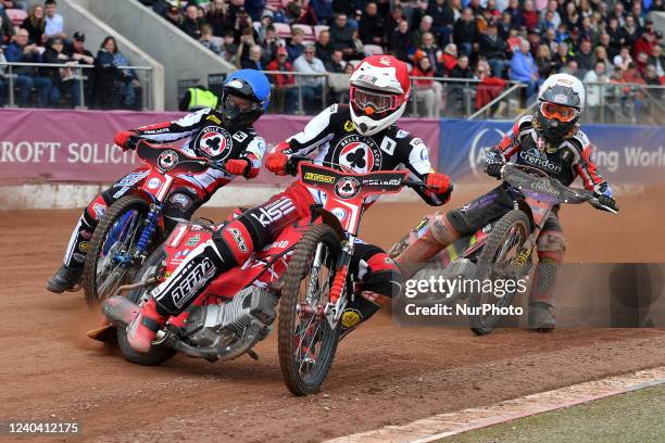 Max Fricke of Belle Vue ATPI Aces and Brady Kurtz of Belle Vue ATPI Aces tussles with Michael Palm Toft of Peterborough Crendon Panthers during the...