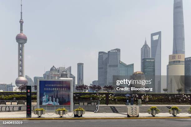 Screen displays a thank you message for healthcare workers on the Bund during a lockdown due to Covid-19 in Shanghai, China, on Tuesday, May 3, 2022....