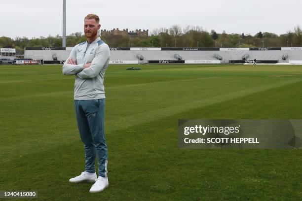 England Mens Test Captain Ben Stokes poses for pictures at the Riverside cricket stadium, in Chest-le-Street, on May 3, 2022. - Ben Stokes was named...