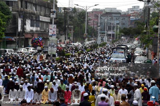 Muslims gather to perform Eid al-Fitr prayer the Jamiatul Falah Moscow Field and adjoining roads after two years of closed Eid prayers in the open...