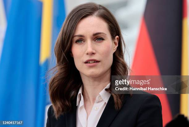 Finnish Prime Minister Sanna Marin addresses the media during the first day of a German federal government cabinet retreat at Schloss Meseberg on May...