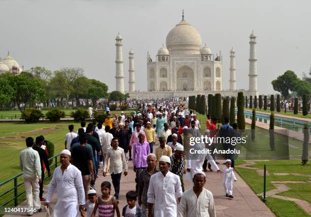 Indian Muslim devotees offer prayers during Eid al-Fitr at the Taj Mahal, in Agra at Uttar Pradesh India on May 03, 2022.