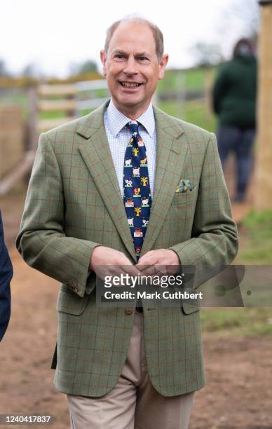 Prince Edward, Earl of Wessex during a visit to Shallowford Farm on May 3, 2022 in Newton Abbot, England. Shallowford Farm is a farm school that...