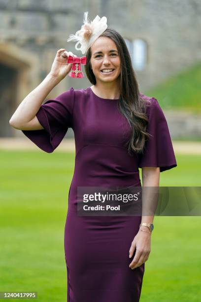 Emily Scarratt with her MBE , awarded by Prince of Wales during an investiture ceremony at Windsor Castle on May 3, 2022 in London, England.