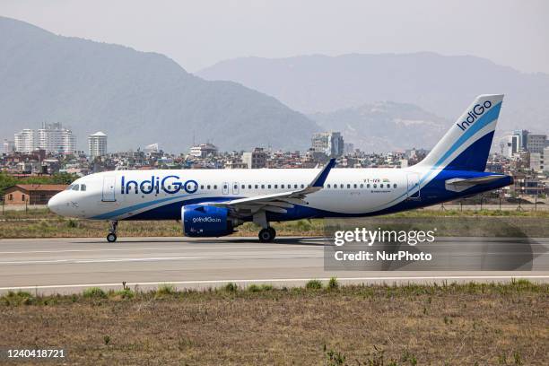 Indigo Airbus A320neo aircraft as seen on the runway and taxiway taxiing for departure at Kathmandu Tribhuvan International Airport. The modern and...