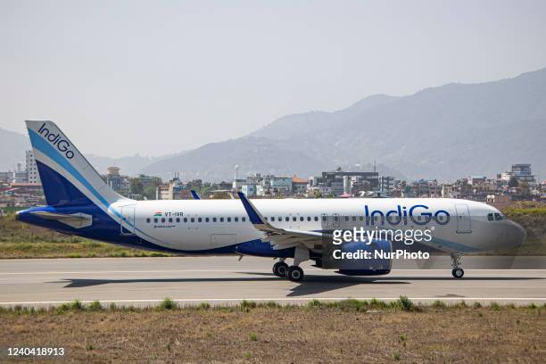Indigo Airbus A320neo aircraft as seen on the runway and taxiway taxiing for departure at Kathmandu Tribhuvan International Airport. The modern and...