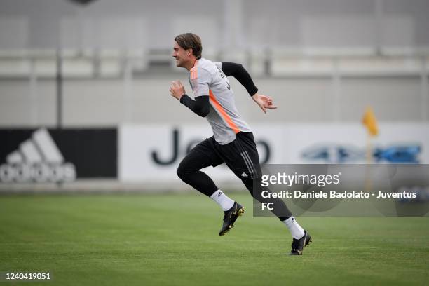 Dusan Vlahovic of Juventus in action during a training session at JTC on May 3, 2022 in Turin, Italy.