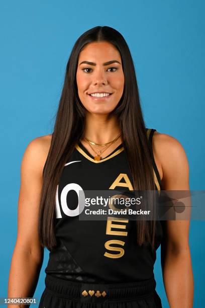 Kelsey Plum of the Las Vegas Aces poses for a head shot during media day at the Michelob ULTRA Arena on May 2, 2022 in Las Vegas, Nevada. NOTE TO...
