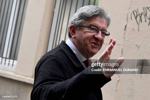 French leftist movement La France Insoumise's leader and three times presidential candidate Jean-Luc Melenchon arrives at LFI's headquarters in Paris...