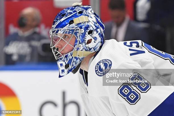 Tampa Bay Lightning Goalie Andrei Vasilevskiy in net during Round 1 Game 1 of the NHL Stanley Cup Playoffs between the Tampa Bay Lightning and...