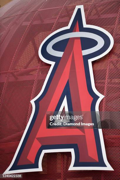 View of the Los Angeles Angels logo outside the stadium prior to a game against the Cleveland Guardians at Angels Stadium on April 28, 2022 in...