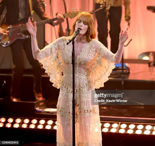 May 2: Florence Welch performs live on stage at the iHeartRadio Album Release Party with Florence + The Machine at iHeartRadio Theater on May 2, 2022...