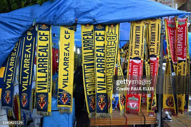 Villarreal and Liverpool football scarves are pictured in Vila-real on May 3 ahead of the UEFA Champions League semi final second leg football match...