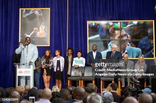 Los Angeles, CA Shaquille O'Neal speaks during a ceremony to unveil a bronze statue of Los Angeles Lakers and NBA Hall of Fame player ONeal in Star...